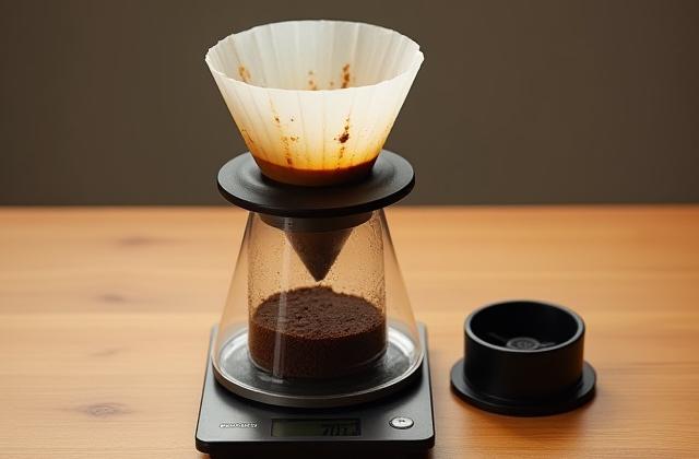 An AeroPress inverted setup on a wooden table with filter cap nearby.