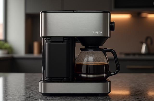 A high-end automatic drip coffee machine sitting on a granite countertop.