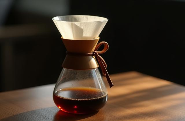 A classic glass Chemex with a thick paper filter and dark coffee in the base.
