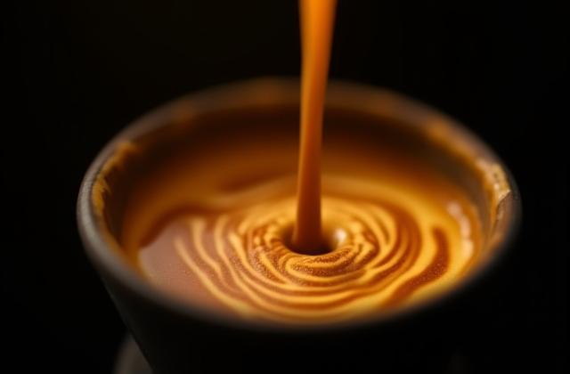 A bottomless portafilter shot pulling thick, tiger-striped crema espresso.