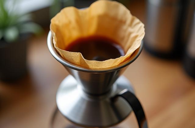 Stainless steel Kalita Wave dripper resting on a carafe with crinkled wave filter.