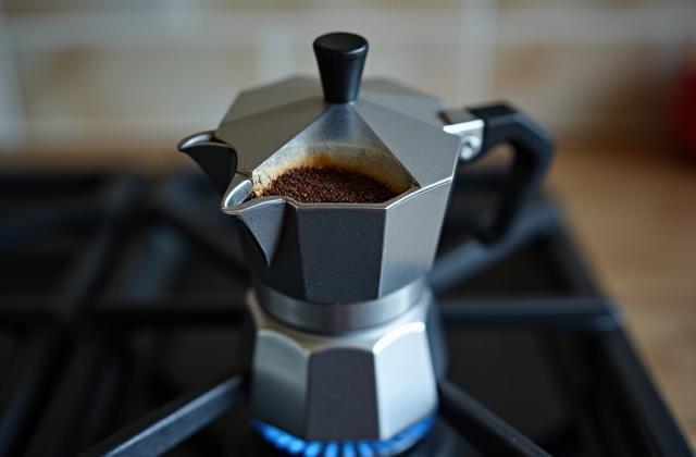 An aluminum Moka Pot on a gas stovetop flame with steam rising.