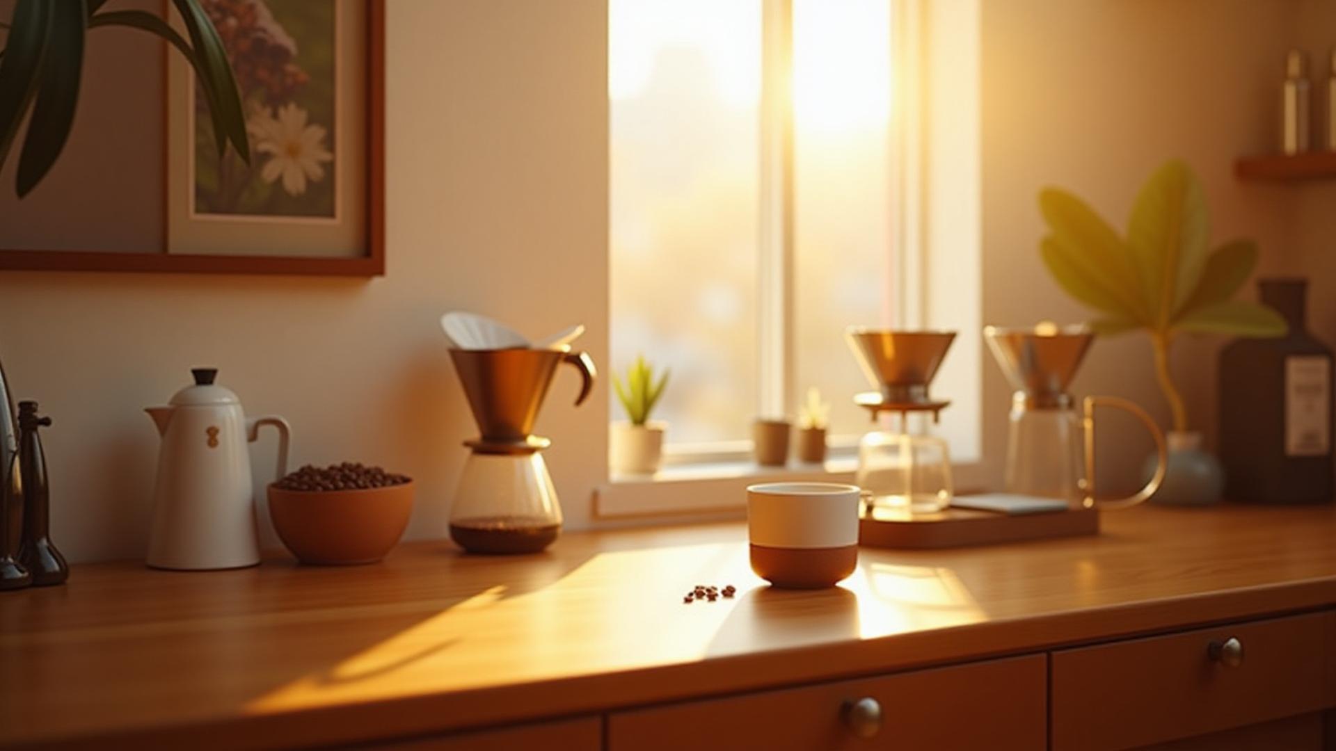 An impeccably organized home coffee station featuring a pour-over setup, scales, and fresh beans with morning sunlight streaming in.