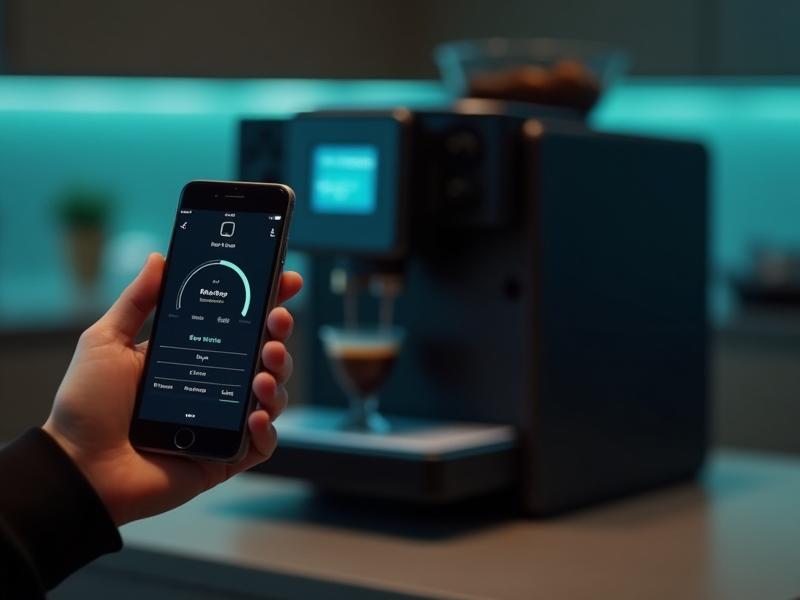 A sleek, modern smart coffee machine connected to a smartphone app displaying brew curves.