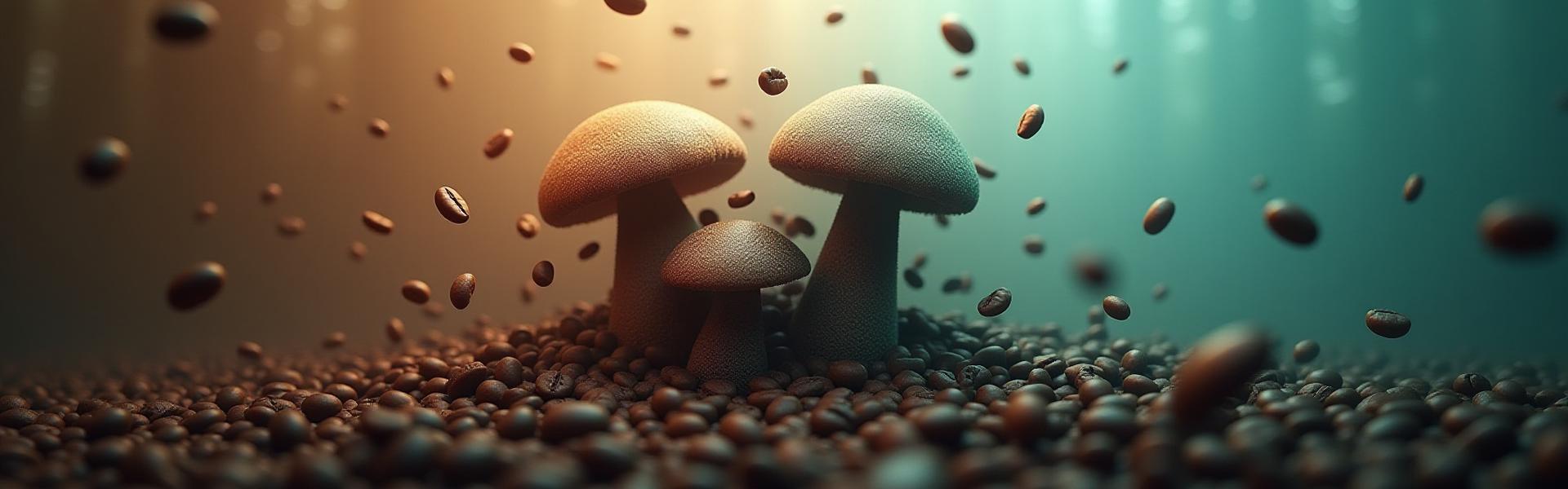 Artistic composition of coffee beans merging with medicinal mushrooms