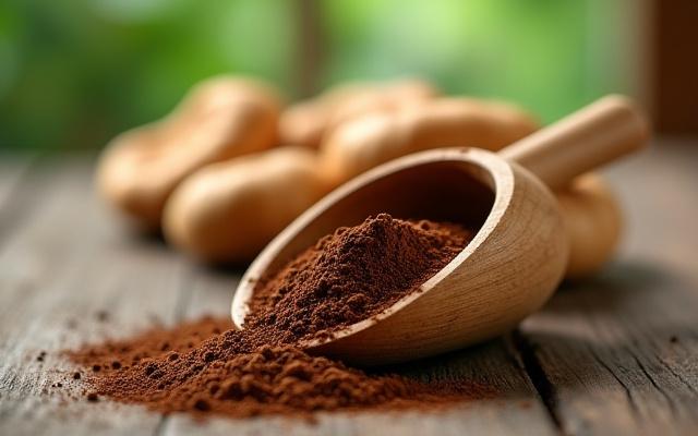 Wooden scoop of ground mushroom coffee blend with reishi mushrooms nearby