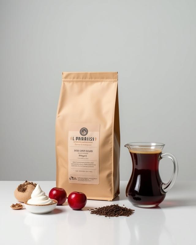Premium bag of El Paraiso Red Plum coffee beans next to brewed glass