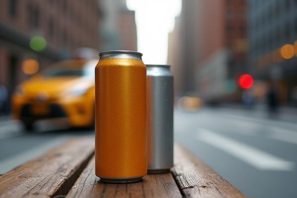 Various high-end ready-to-drink coffee cans on a city street bench