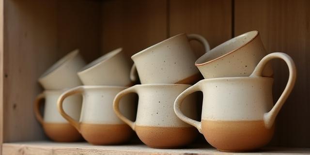 Ceramic coffee mugs and glassware on a minimalist shelf