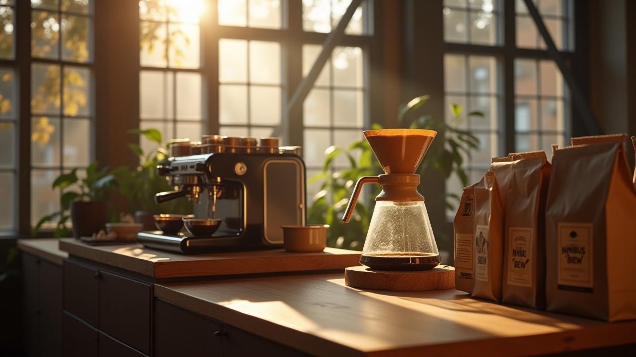 Artistic arrangement of premium coffee brewing tools and Nimbus Brew accessories on a wooden table in a sunlit New York loft