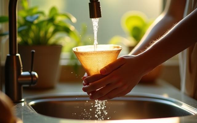Close up of a reusable coffee filter being rinsed in a sunlit kitchen