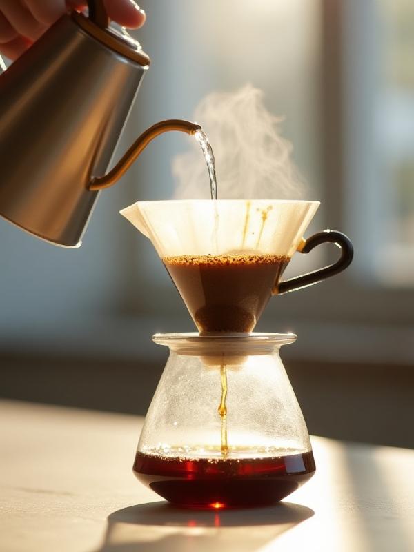 Barista pouring hot water over mushroom coffee grounds in a V60 pour over setup