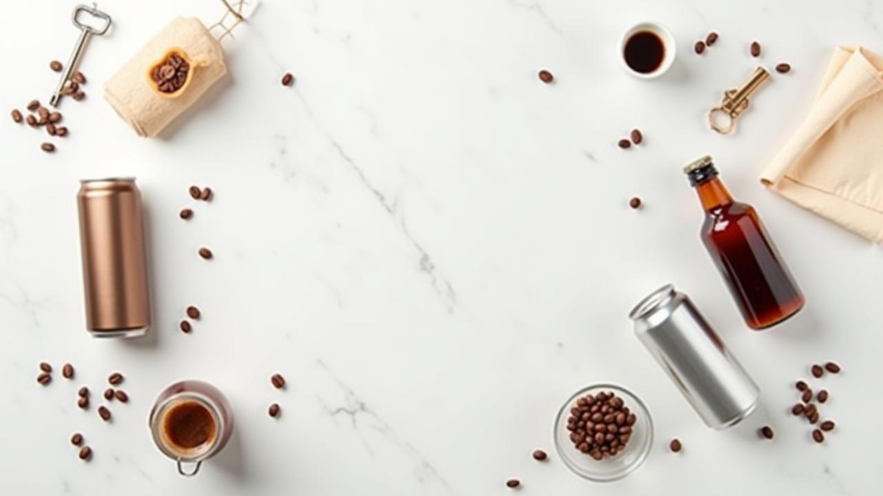 A curated flat-lay of assorted premium canned and bottled coffees on a marble surface