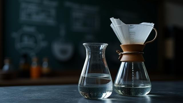 A scientific setup showing water chemistry analysis with beakers and a pour-over dripper.