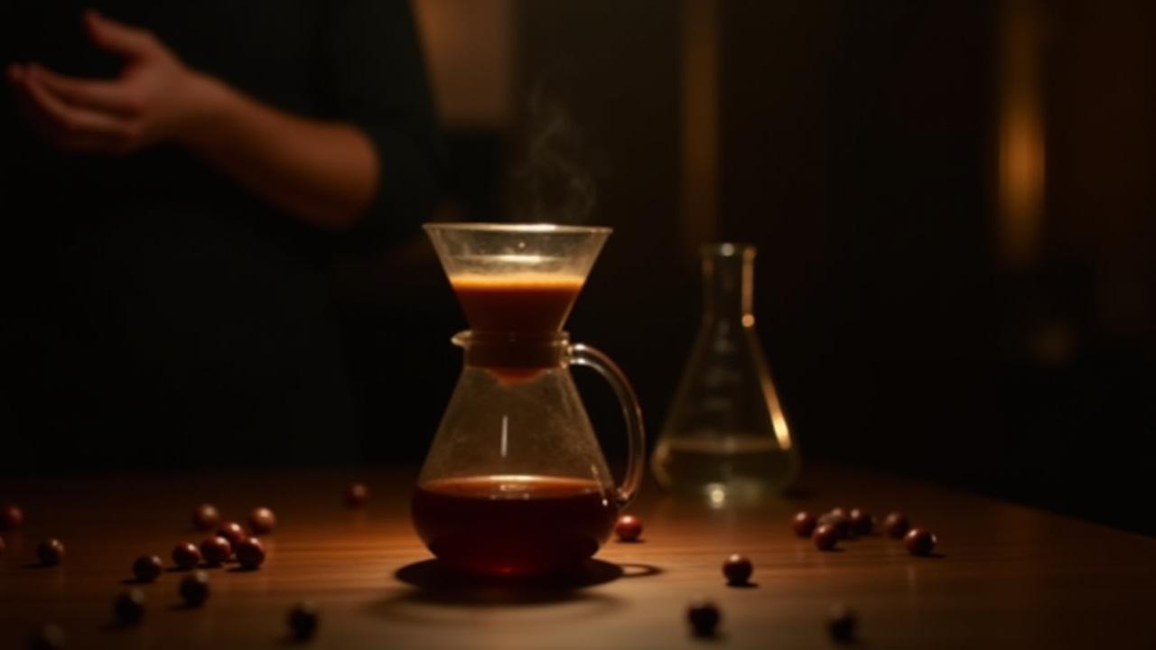 A dimly lit, sophisticated coffee tasting setup featuring glass servers containing anaerobic coffee, set against a dark background.
